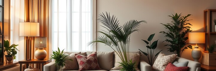 Warm-toned modern living room with decorative lamps and lush plants, stylish, cozy, fashionable
