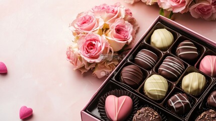 Elegant Chocolate Box with Pink Roses and Heart-Shaped Candies