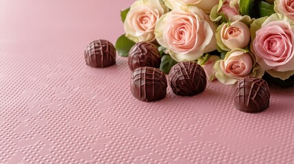 Romantic Arrangement of Flowers and Chocolate on Soft Pink Background