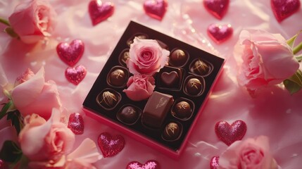 Romantic Chocolate Box with Pink Roses and Hearts Decor