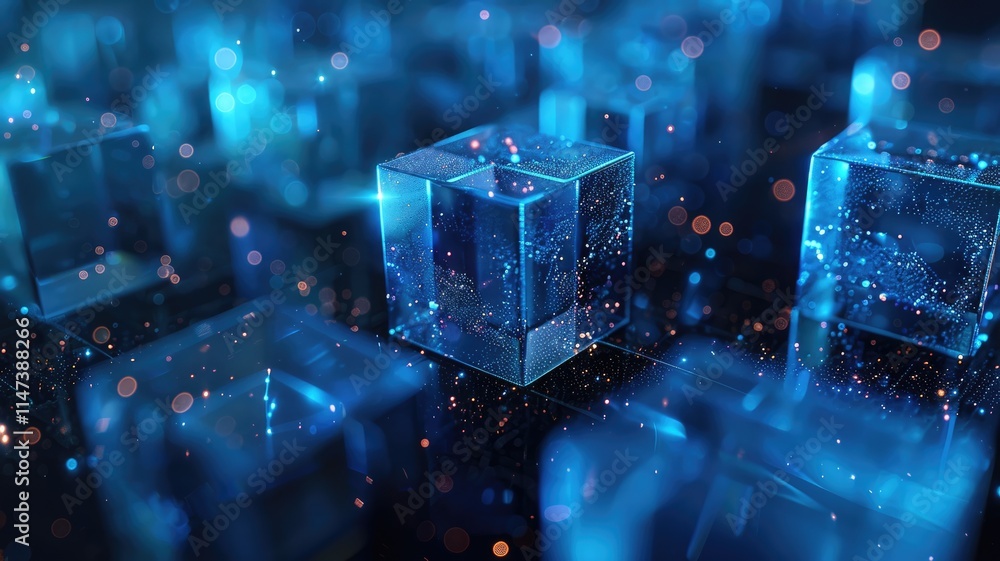 Poster an abstract 3d technology background featuring illuminated cubes and a dynamic blue ambiance, perfec