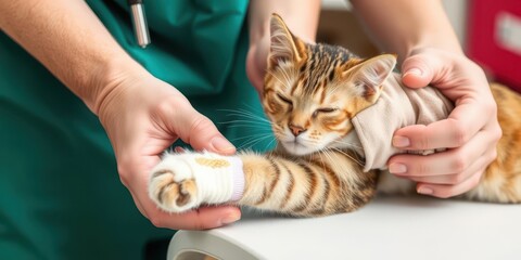 A veterinarian gently tending to a cat's bandaged paw, displaying compassion and dedication to animal health and healing, veterinarian, healing, compassion