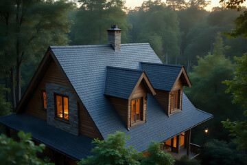 Roof shingles with garret house on top of the house among a lot of trees. dark asphalt tiles on the roof background