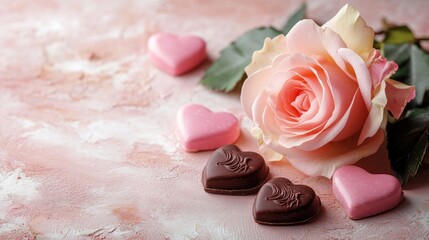 Romantic Arrangement with Pink Rose and Heart Shaped Chocolates