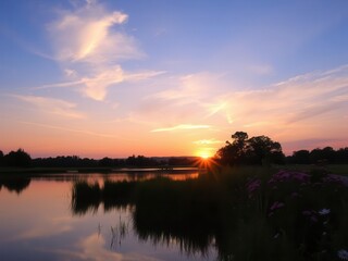 Obraz premium A serene nature scene at sunset with golden light casting a warm glow on a peaceful lake surrounded by lush green trees and colorful flowers, nature, sunset, scenic