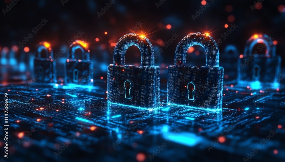 Poster abstract technology communication concept, glowing data streams and digital locks symbolizing securi