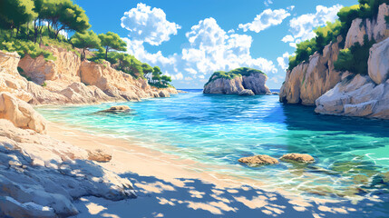 Serene coastal scene crystal clear water and sandy beach. Shallows. Illustration