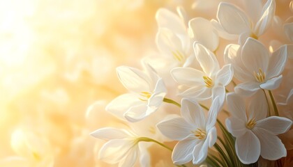 Fototapeta premium Closeup of beautiful snowdrop flowers in the morning light, glowing white petals, soft spring ambiance, with plenty of copy space, Generative AI digital art