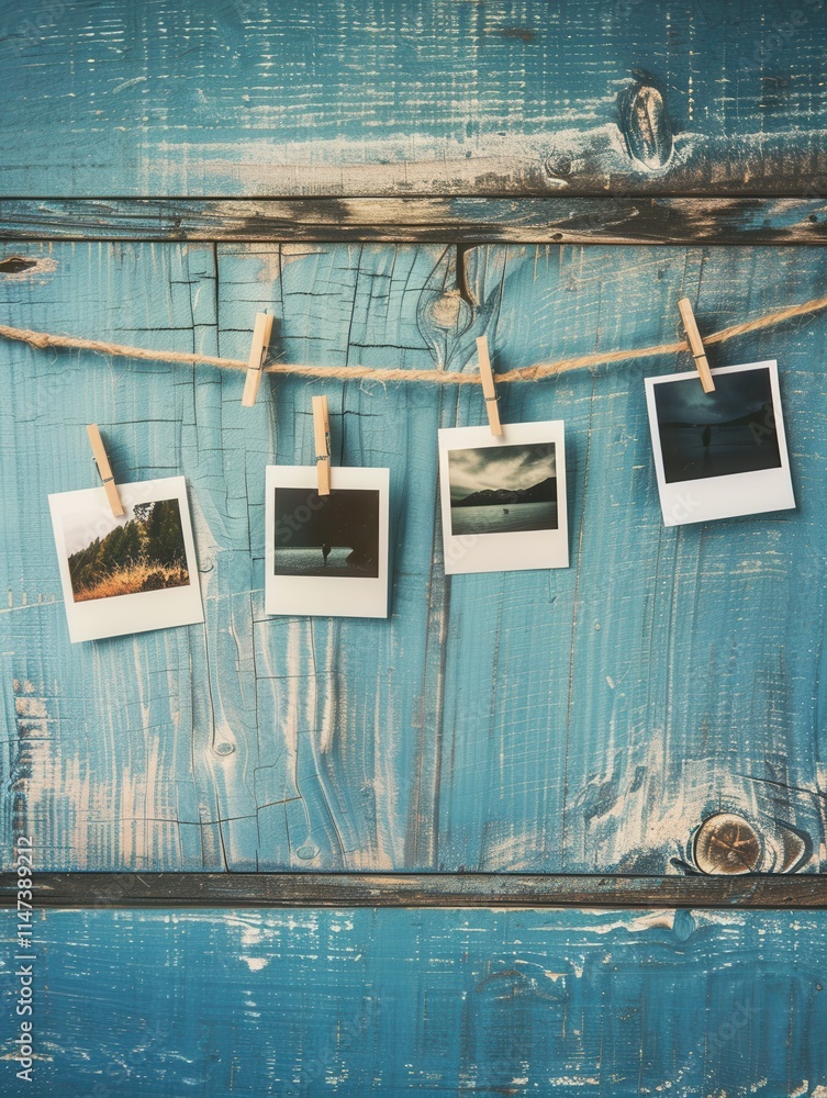 Leinwandbilder polaroid photos elegantly displayed on string with clothespins against a rustic blue wooden backdrop