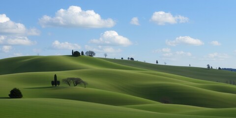 Obraz premium Rolling hills and stylized trees under a peaceful blue sky, creating a serene natural landscape, rolling hills, peaceful, landscape