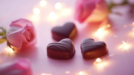 Romantic Heart Shaped Chocolate and Pink Roses on Soft Background