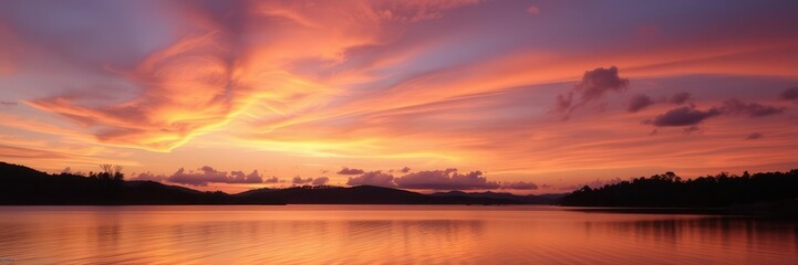 A stunning nature scene of a vibrant sunset over a tranquil lake, yellow, serene, scenic