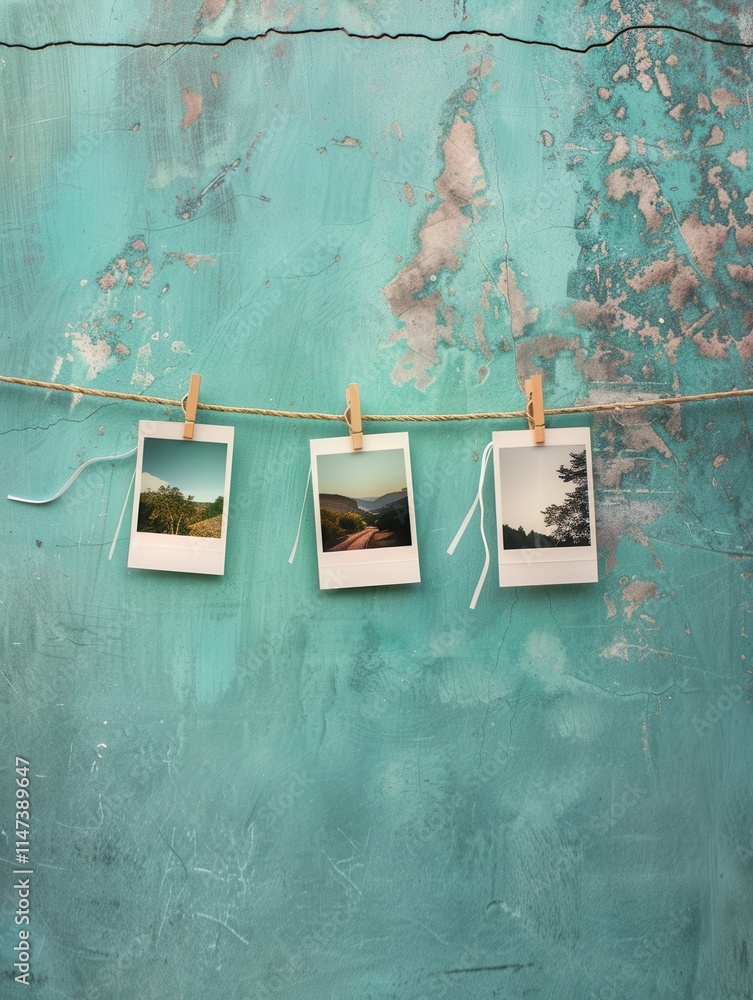 Leinwandbilder polaroid photos displayed on a string with clothespins against a textured blue wall. generative ai