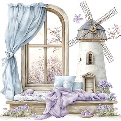 Watercolor illustration of a cozy window seat with lavender, a windmill, and blooming trees.