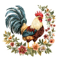 Fototapeta premium Vibrant Rooster Amidst a Floral Wreath A Detailed Watercolor Illustration.