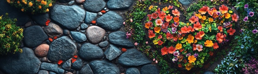 Fototapeta premium Gardening love in a heartshaped layout, flowerbed with vibrant plants, decorative pathway, symbolizing outdoor lifestyle and horticulture, Generative AI digital art