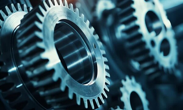 Close-up of metallic gears showcasing precision engineering and industrial design.