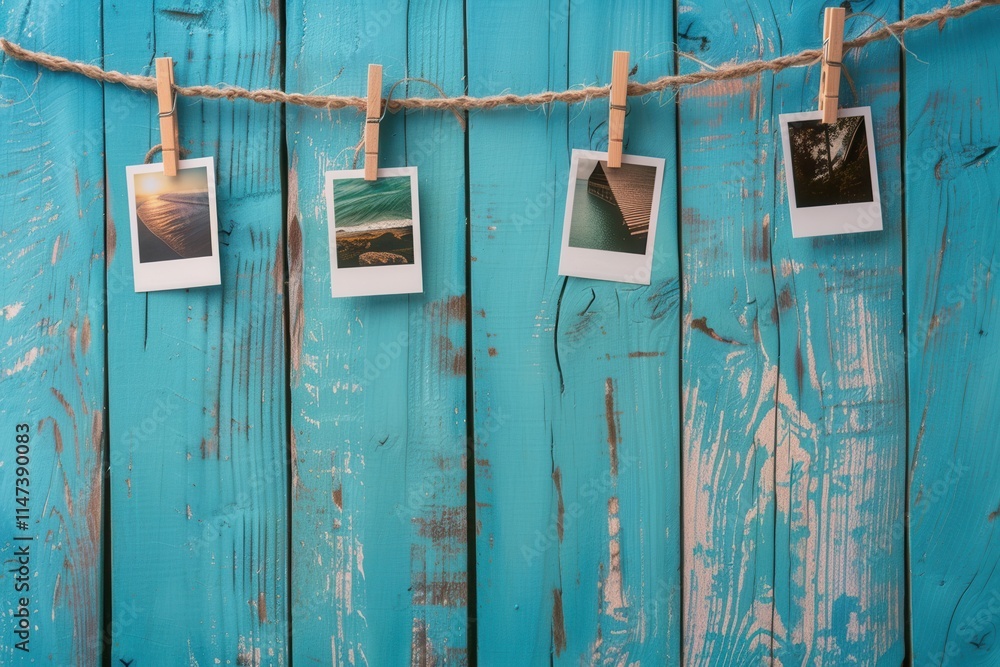 Aufkleber polaroid photos displayed on a string with clothespins against a vibrant blue wooden background for 