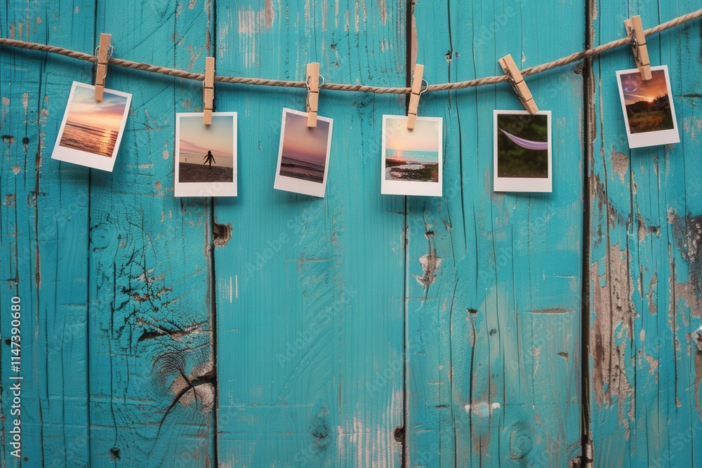 Fototapete Polaroid photos displayed creatively on a string against a rustic blue wooden background. Generative AI