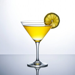 one martini glasses filled a lemon juice, on white background