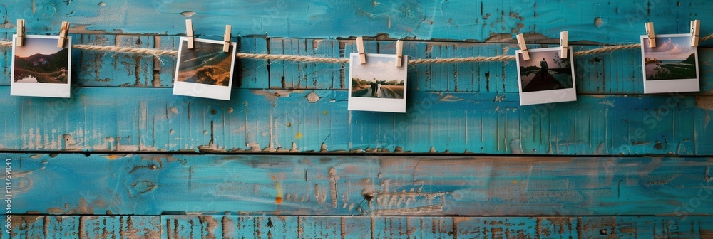 Poster polaroid photos displayed on a string with clothespins against a rustic blue wooden backdrop for cre
