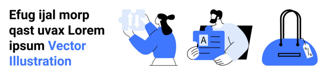 Two characters engaged in analyzing documents and testing laboratory vials, positioned next to a handbag with a price tag. Ideal for business, research, science, retail, e-commerce, teamwork