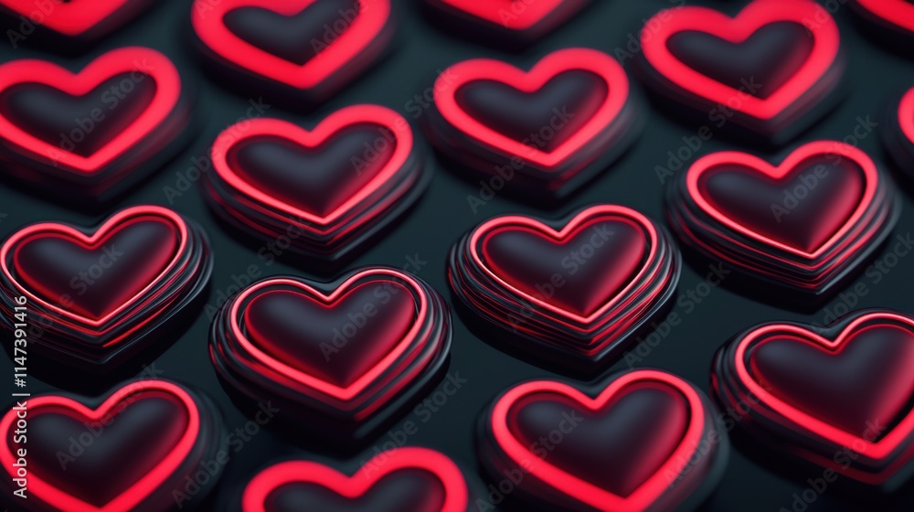 Poster red heart patterns with glossy finish on dark background