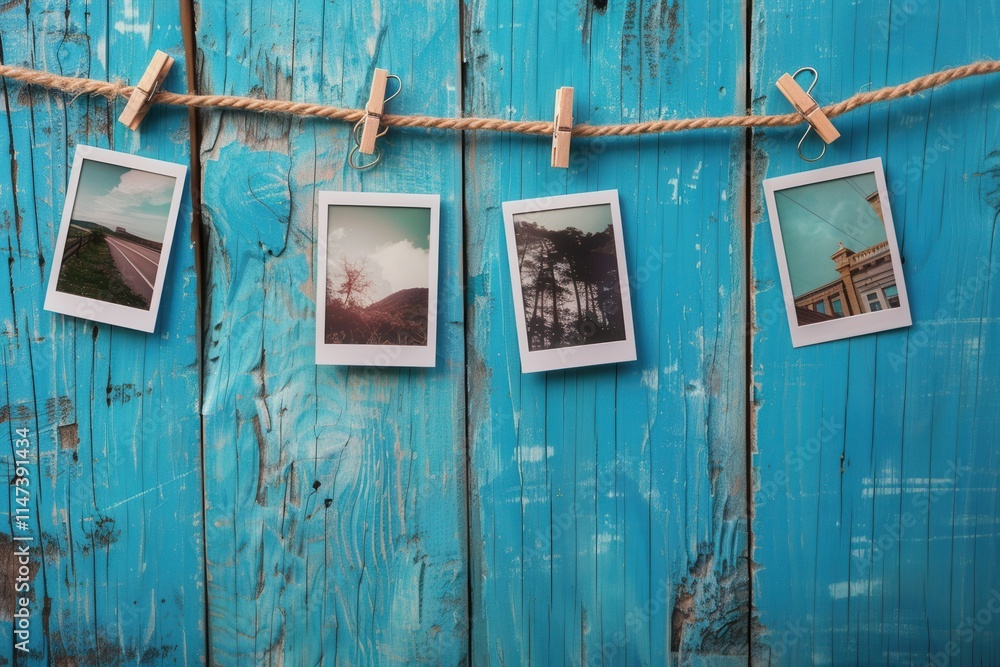 Poster polaroid photos suspended on string with clothespins against rustic blue wooden background for creat