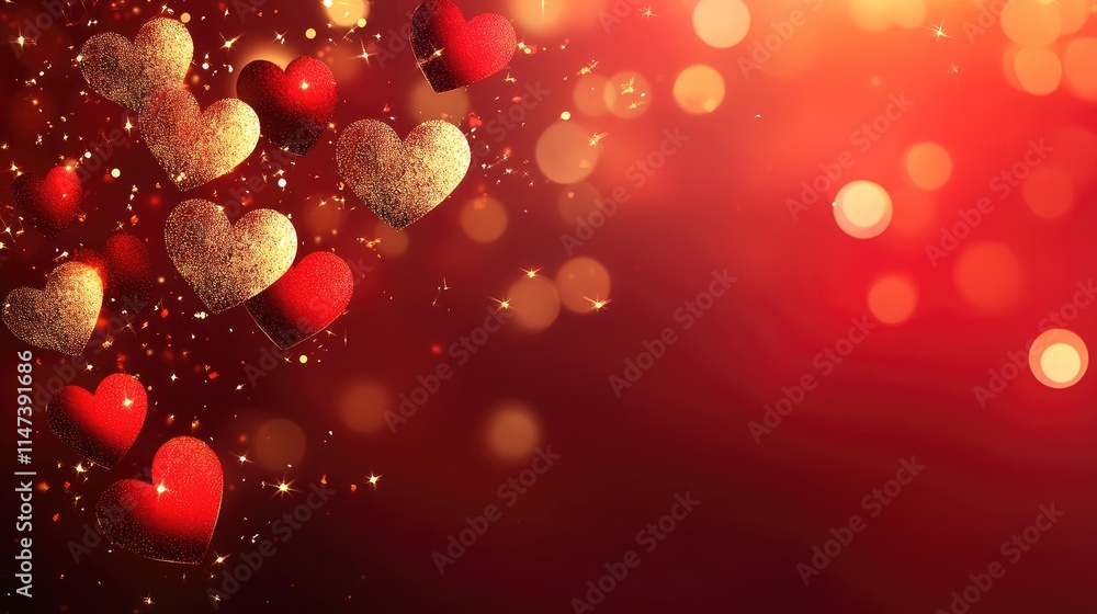 Poster beautiful heart shapes floating with sparkles on red background