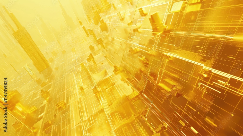 Poster eye-catching abstract visualization featuring vibrant yellow tones and technical elements. perfect r