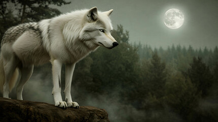White Wolf Standing Watch Under a Full Moon