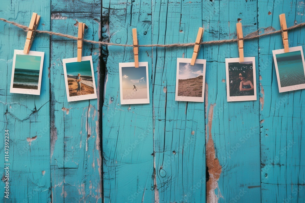 Aufkleber polaroid photos display on a string with clothespins against a vibrant blue wooden background. gener