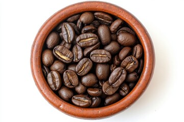 Fototapeta premium Close-up of Freshly Roasted Coffee Beans in a Rustic Bowl, Showcasing Rich Dark Color and Unique Texture Perfect for Coffee Enthusiasts and Culinary Projects