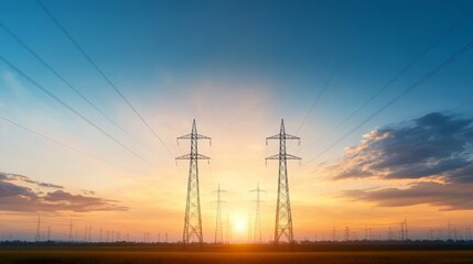 A sunset over a field with a few power lines in the background