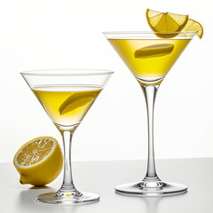 one martini glasses filled a lemon juice, on white background