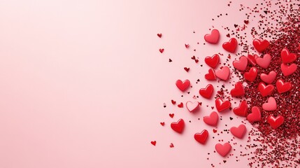 Red Hearts and Glitter on Soft Pink Background for Valentine's Day