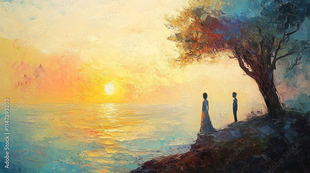 Poster sunset at the ocean with two figures standing near a tree.