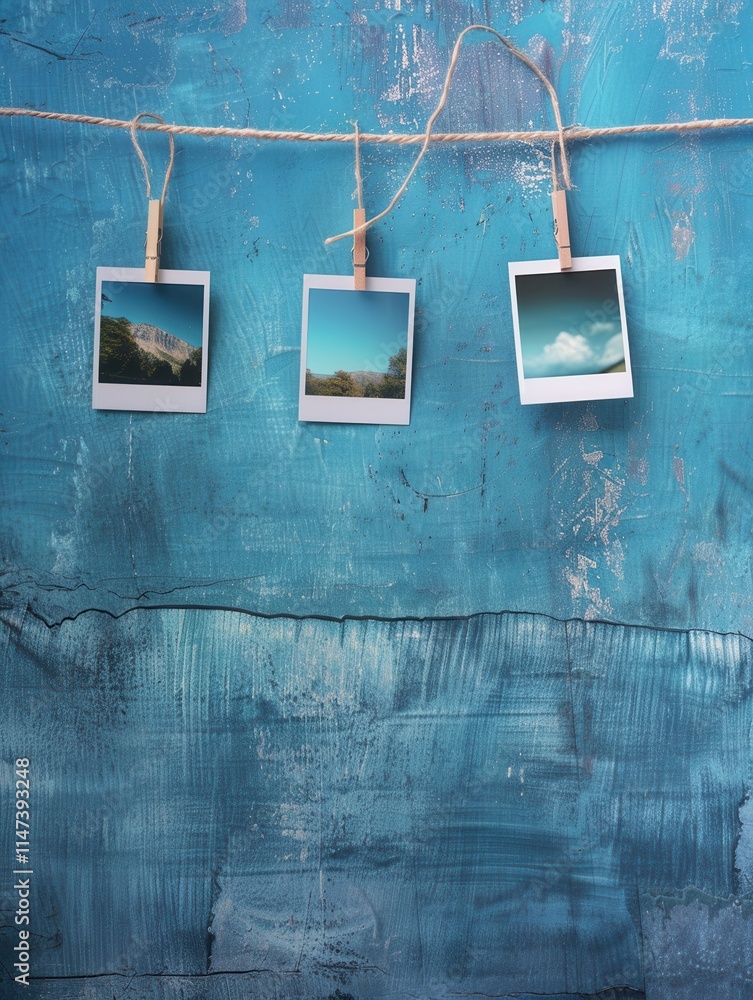 Poster polaroid photos hung on a string with clothespins against a textured blue backdrop for creative disp