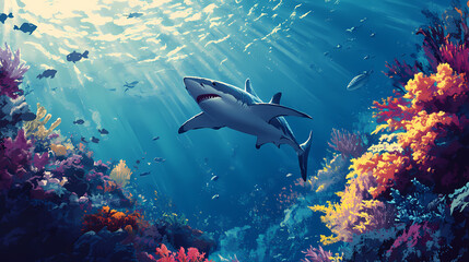 Fototapeta premium A predator great white shark swimming in the ocean coral reef shallows just below the water line closing in on its victim . god rays. Shallows. Illustration
