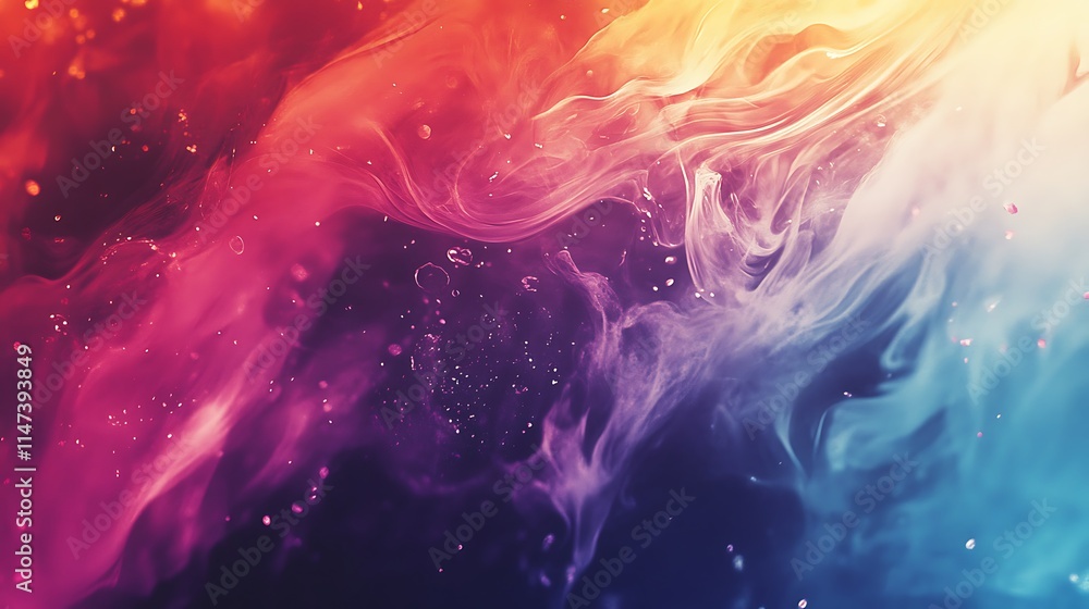 Poster vibrant swirls of ink create an abstract underwater scene with mesmerizing blend of colors textures.