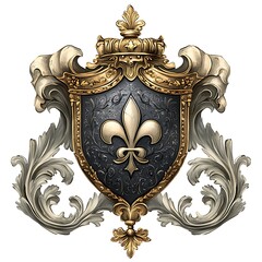 Ornate Golden and Silver Fleur-de-lis Crest Design.