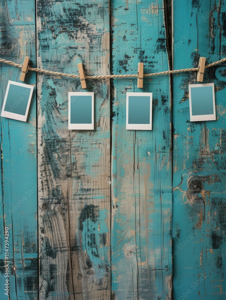 Poster polaroid photos hanging on a string against a rustic wooden background for creative display and mock