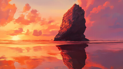 A solitary rock formation stands tall in the shallows of a beach at sunset, its reflection mirroring the fiery sky. Shallows. Illustration