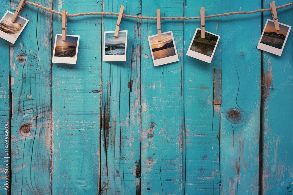 Poster polaroid photos strung on a colorful wooden background create a nostalgic display. generative ai