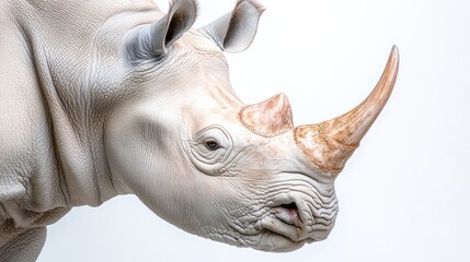 Obraz premium Close-up of a white rhinoceros head and horn against a white background.