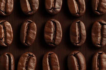 Close-Up View of Dark Roasted Coffee Beans Arranged on a Smooth Wooden Surface Ideal for Coffee Lovers and Culinary Purposes