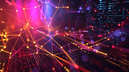 Obraz premium This abstract image showcases a vibrant representation of similarity measurements in 3D, featuring colorful lines and connections that symbolize data visualization and modern technology.