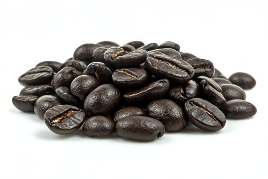 Freshly Roasted Coffee Beans Piled on White Background for Culinary and Beverage Concepts, Ideal for Food Photography and Coffee-Related Projects