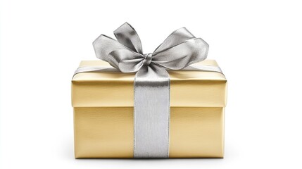 Obraz premium Elegant Gold Gift Box with Silver Ribbon and Bow on White Background