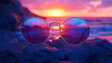 A vibrant sunset reflected in round sunglasses, resting on a rocky shore.
